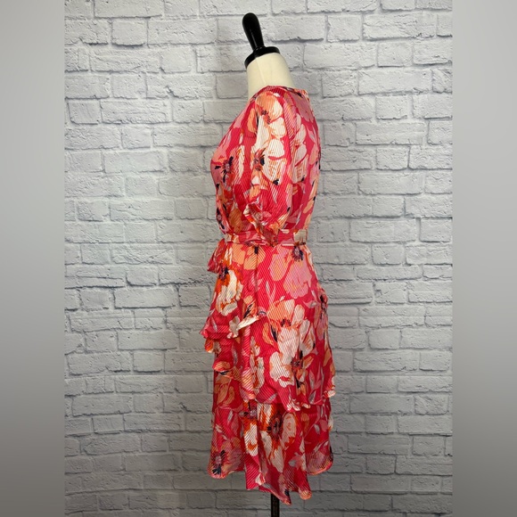 Tahari ASL Floral Wrap Mini Dress - Pink and Orange - Picture 4 of 6